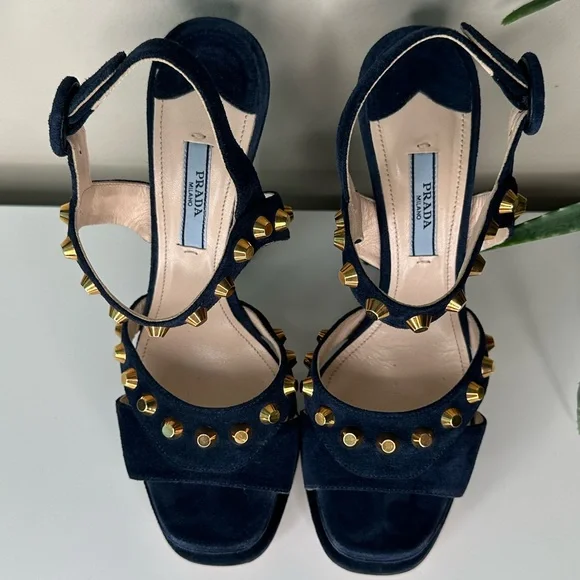 PRADA Navy Blue Suede Gold Stud Platform Sandals Heels 37.5 Italy - Picture 7 of 13